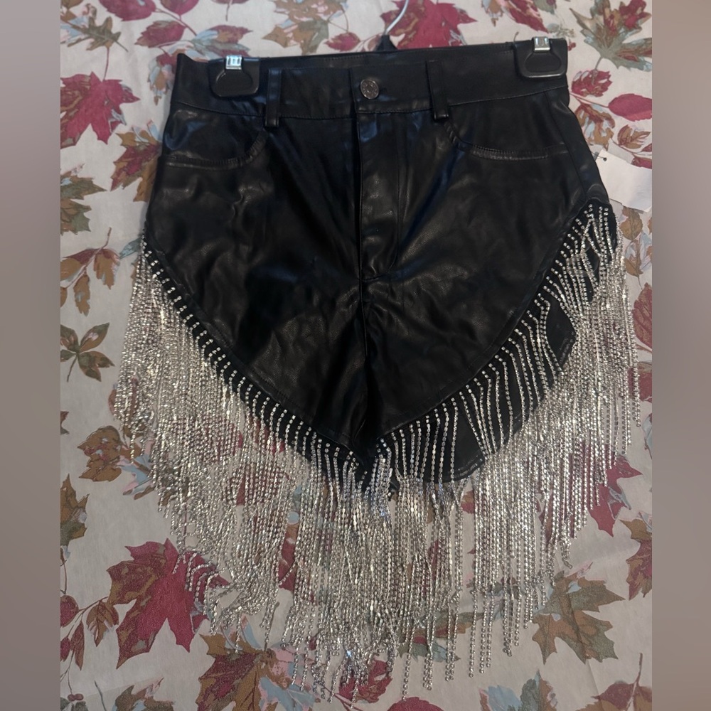 Black Leather Shorts with Silver Fringe